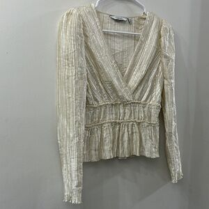 & Other Stories Cream Textured V-Neck Blouse - size 6 - long sleeve
